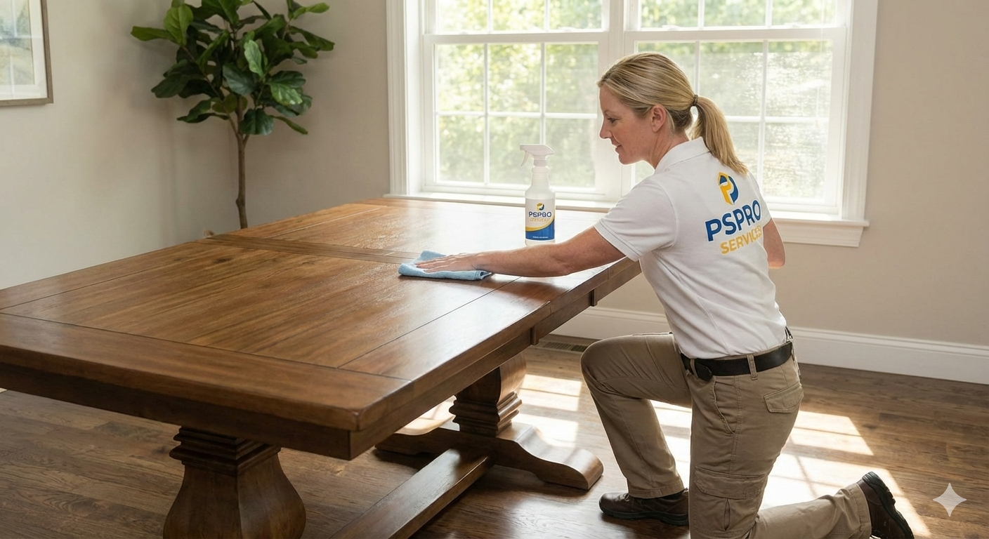 A woman performing professional cleaning wipes down a wooden table with a cloth and spray bottle in a bright room.
