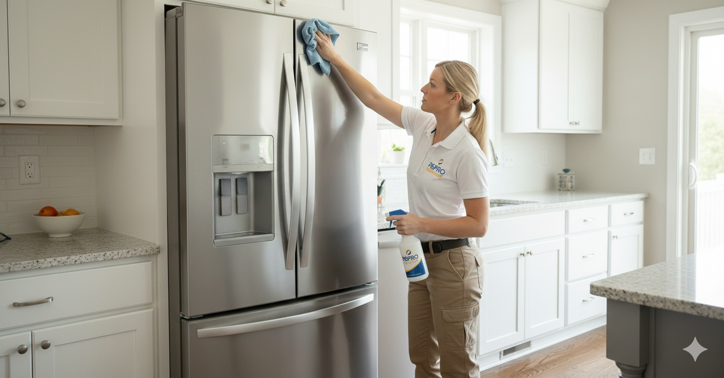 A woman from a maid service cleans a stainless steel refrigerator in a bright, modern kitchen.
